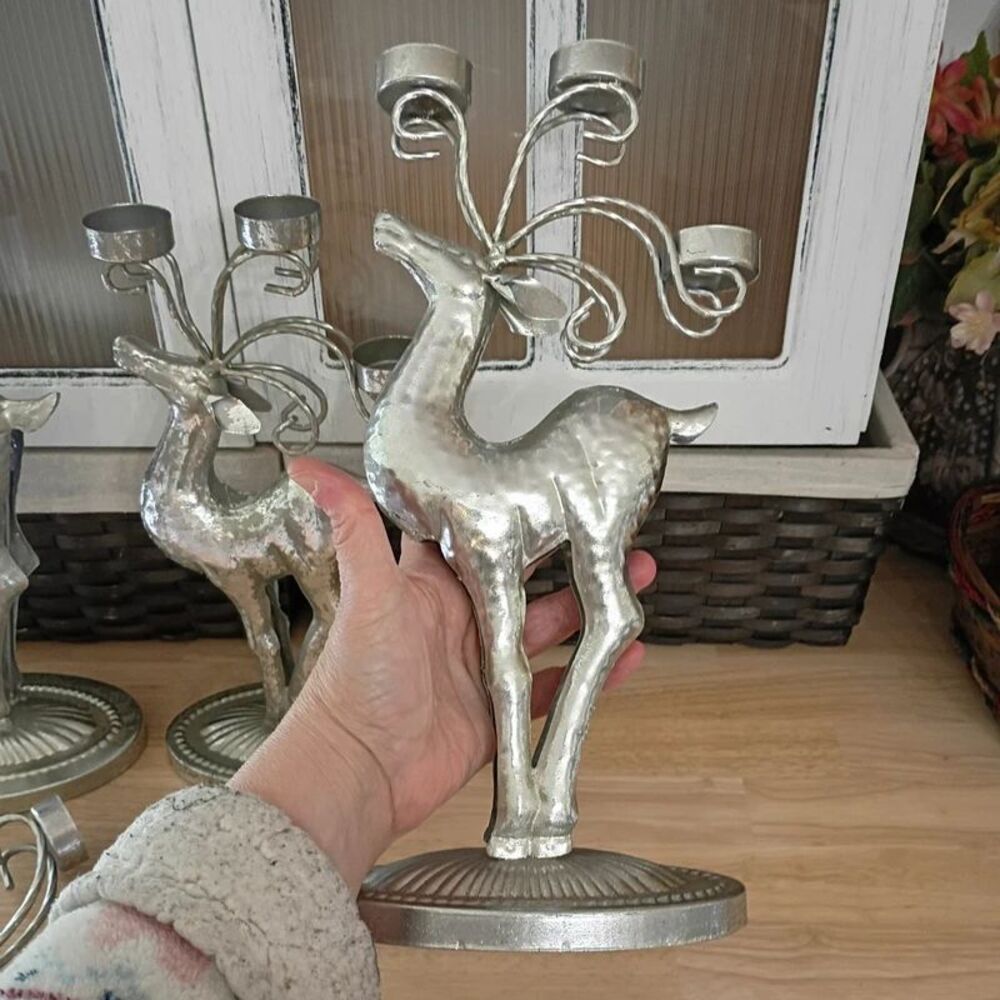 Vintage Set of 3 Reindeer Metal Silver Christmas Candelabra tealight Holders